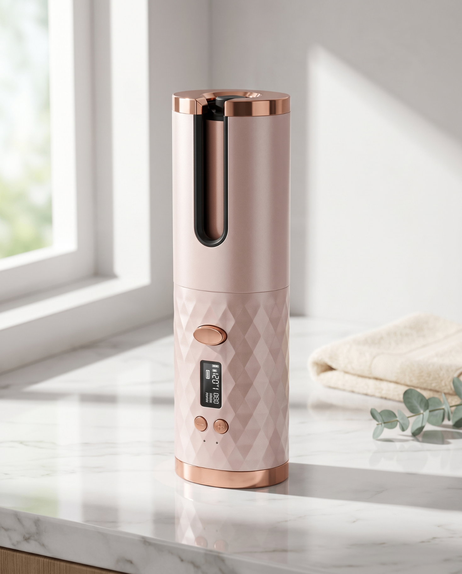 LuxeAir cordless curler on a marble counter by the window